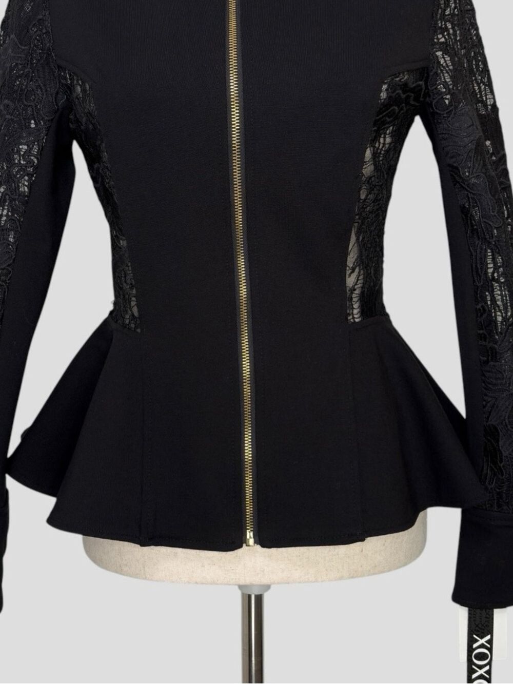 Black Peplum Jacket Size M With Sheer Lace Panels Y2K Corporate Goth Night Club - Picture 11 of 15